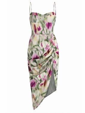 Cider Pink & Green Floral Asymmetrical Ruched Slip Dress